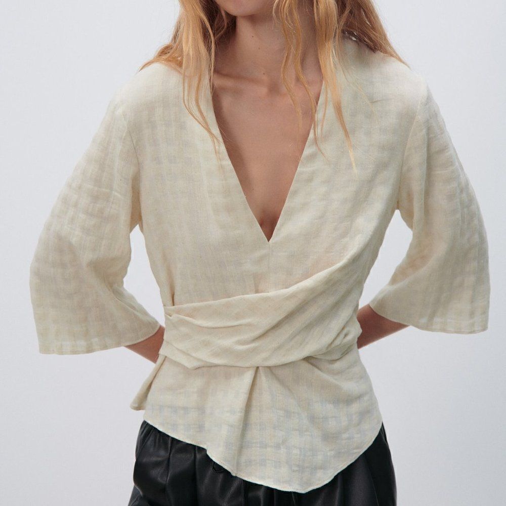 Zara Ecru Linen Blend Top With Draped Detail New